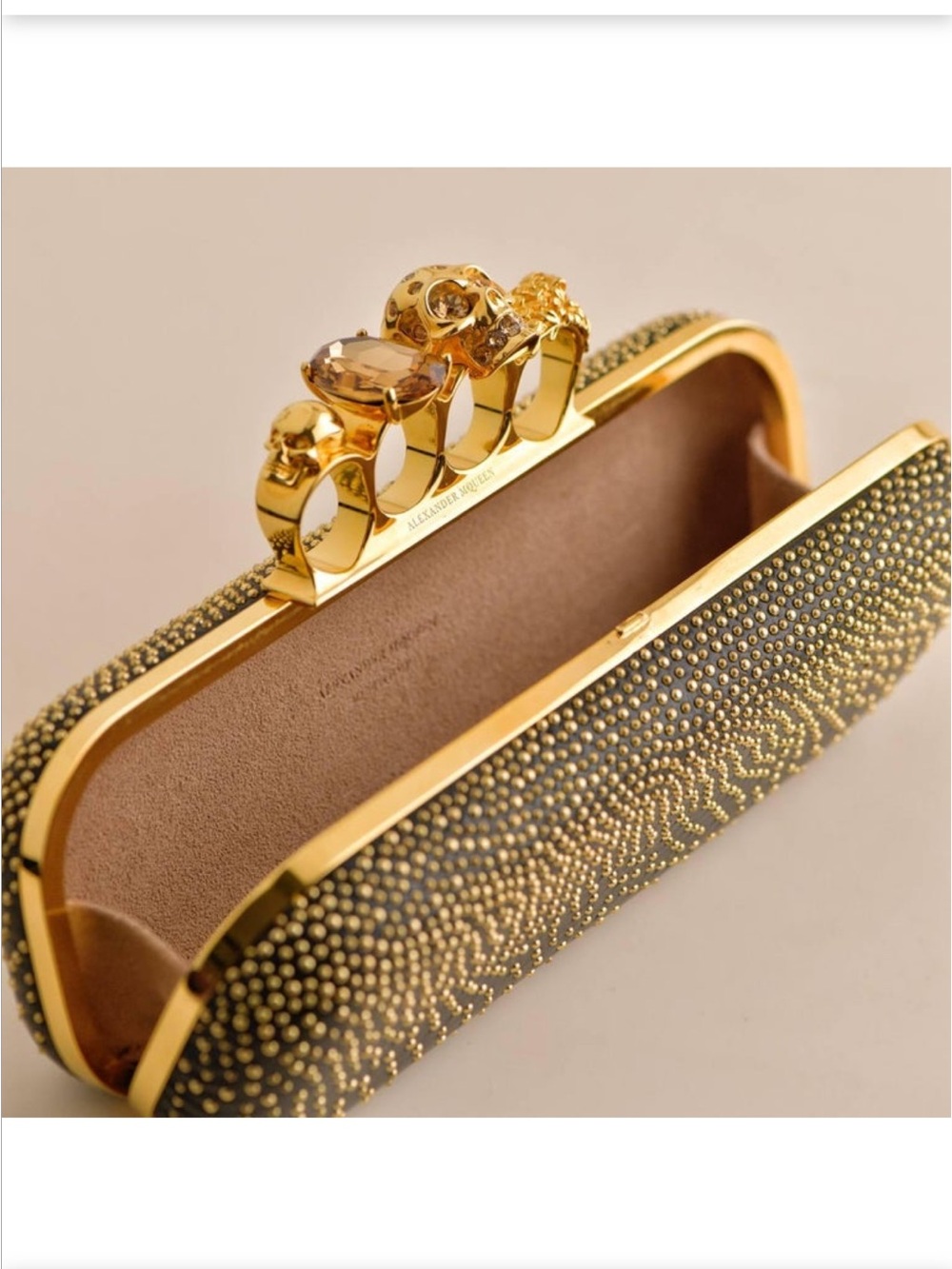 Black Crystal-Studded Knuckle Clutch with Gold Hardware